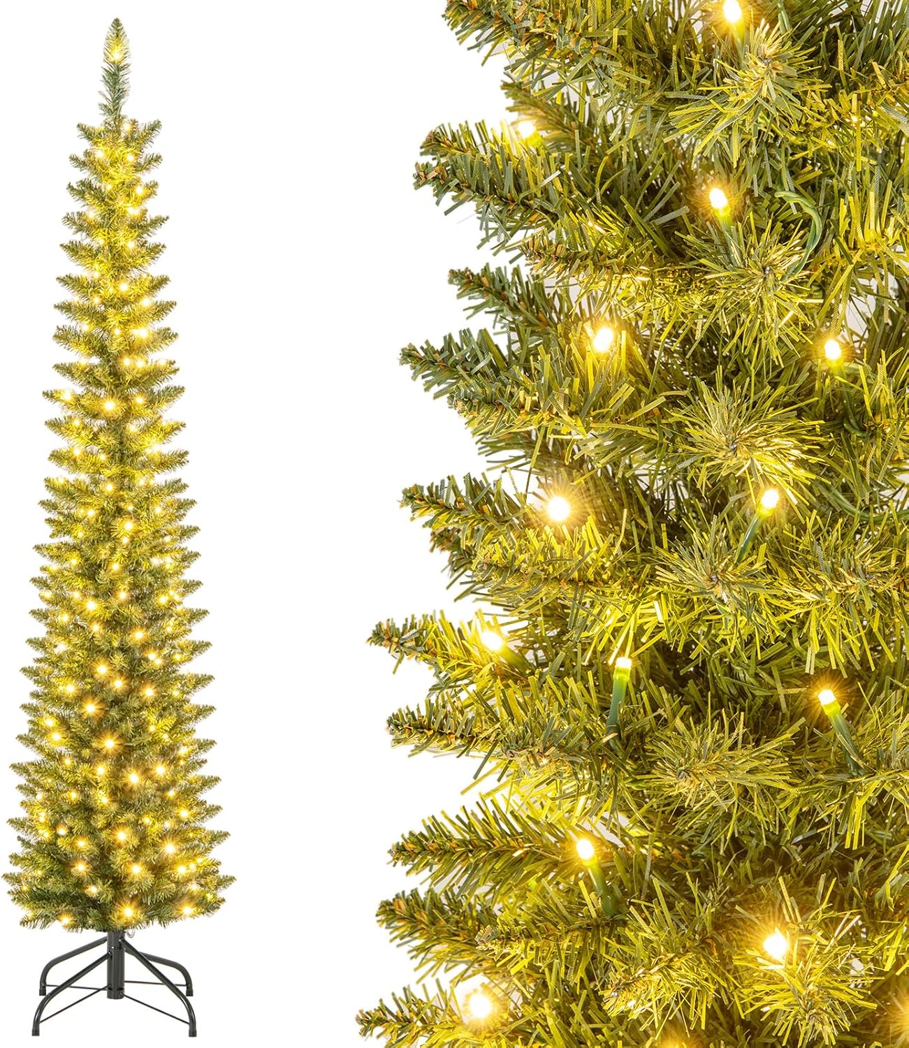 Albero di Natale Slim da 150/180/210 CM, Albero di Natale Artificiale con 296/390/499 Punte di Ramo, 150/180/200 Luci LED Bianche Calde, Supporto Pieghevole in Metallo (180 cm)