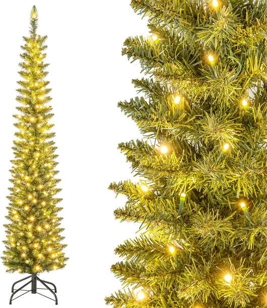 Albero di Natale Slim da 150/180/210 CM, Albero di Natale Artificiale con 296/390/499 Punte di Ramo, 150/180/200 Luci LED Bianche Calde, Supporto Pieghevole in Metallo (180 cm)