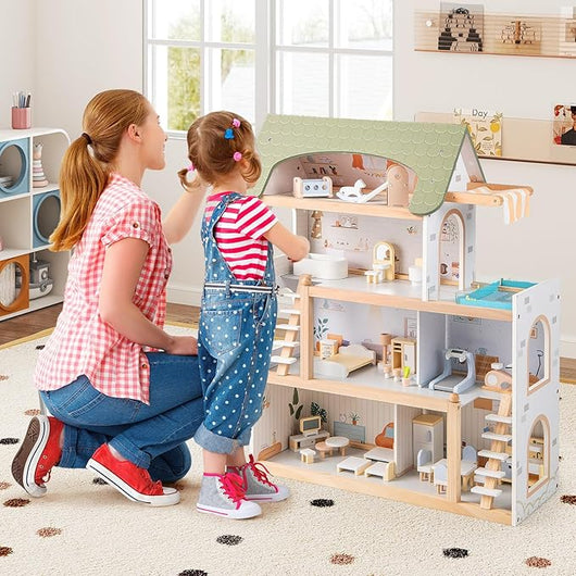 Casa delle Bambole in Legno, Casa Bambole con 4 Piani, 6 Stanze, Terrazza, Piscina e Scale, Casetta Giocattolo Educativo con 33 Mobili Accessori, per Bambini 3+ Anni, 63 x 25 x 78 cm