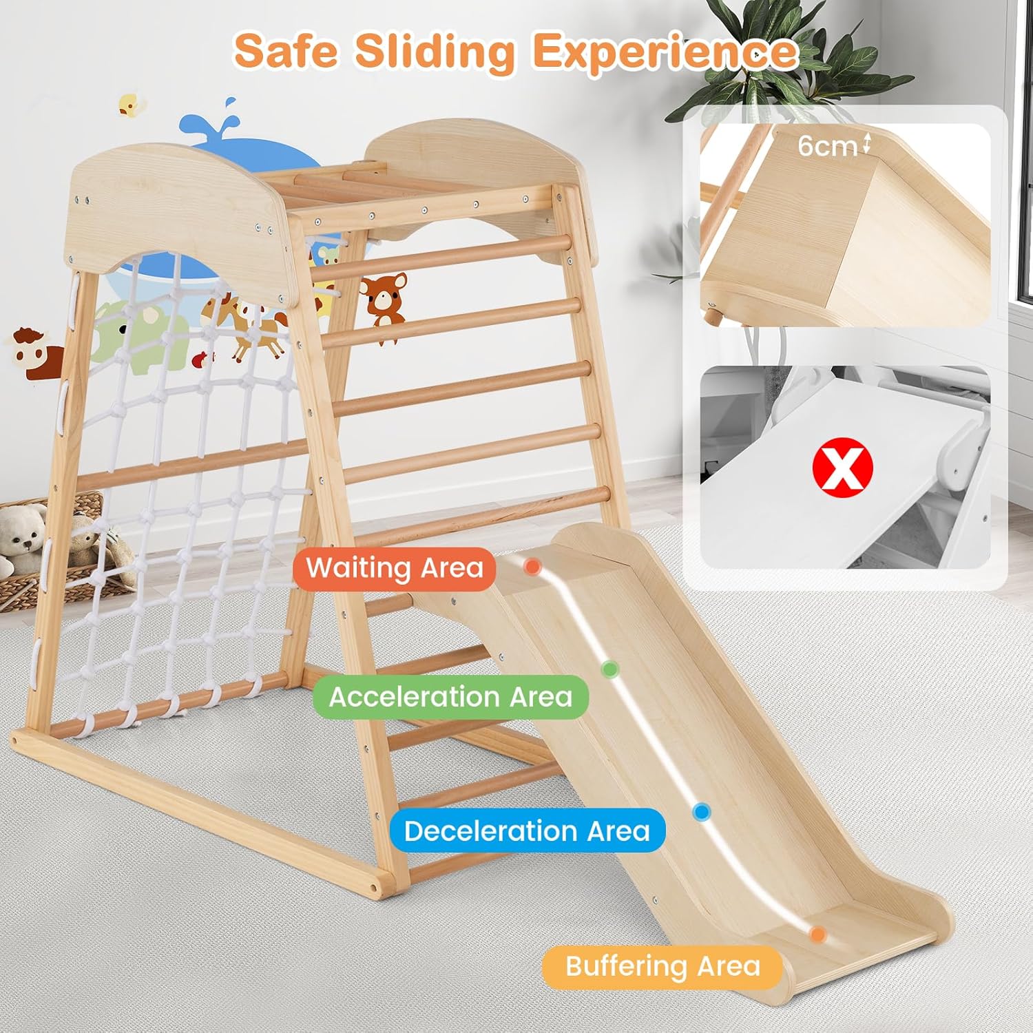 6 in 1 Struttura di Arrampicata, Triangolo da Arrampicata con Scivolo, Barra per Trazioni e Rete per Arrampicata, Parco Educativo per bambini per Interni, 1+ Anno, 105 x 67 x 112 cm (Naturale)