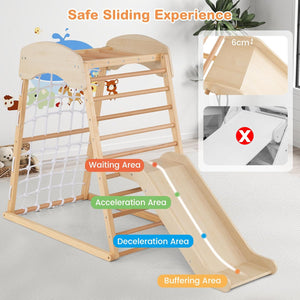 6 in 1 Struttura di Arrampicata, Triangolo da Arrampicata con Scivolo, Barra per Trazioni e Rete per Arrampicata, Parco Educativo per bambini per Interni, 1+ Anno, 105 x 67 x 112 cm (Naturale)