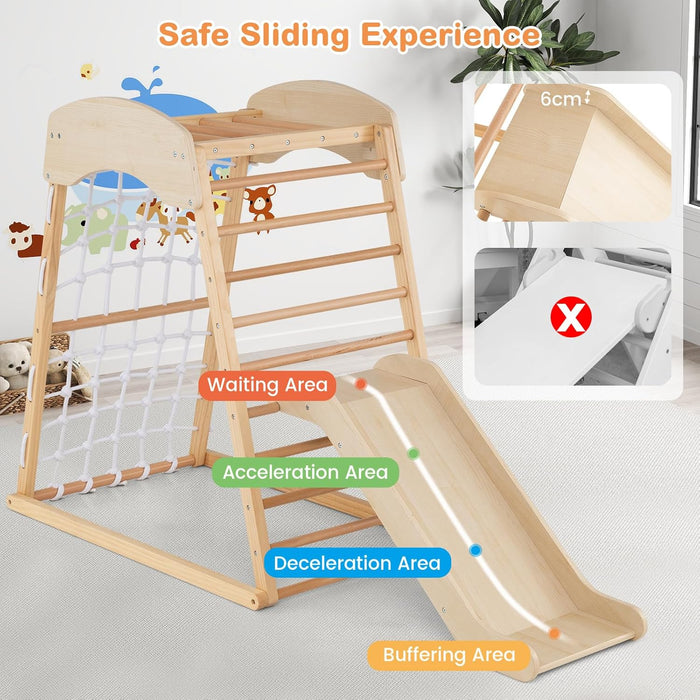6 in 1 Struttura di Arrampicata, Triangolo da Arrampicata con Scivolo, Barra per Trazioni e Rete per Arrampicata, Parco Educativo per bambini per Interni, 1+ Anno, 105 x 67 x 112 cm (Naturale)