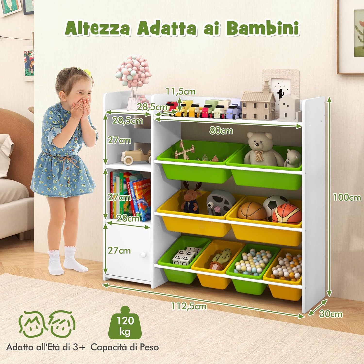 Mobile Porta Giochi per Bambini, Libreria e Scaffale per Giocattoli a 4 Livelli con 8 Contenitori 1 Anta, Libreria Multiuso per Bambini per Cameretta Soggiorno Asilo Nido