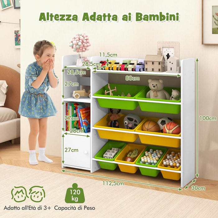Mobile Porta Giochi per Bambini, Libreria e Scaffale per Giocattoli a 4 Livelli con 8 Contenitori 1 Anta, Libreria Multiuso per Bambini per Cameretta Soggiorno Asilo Nido