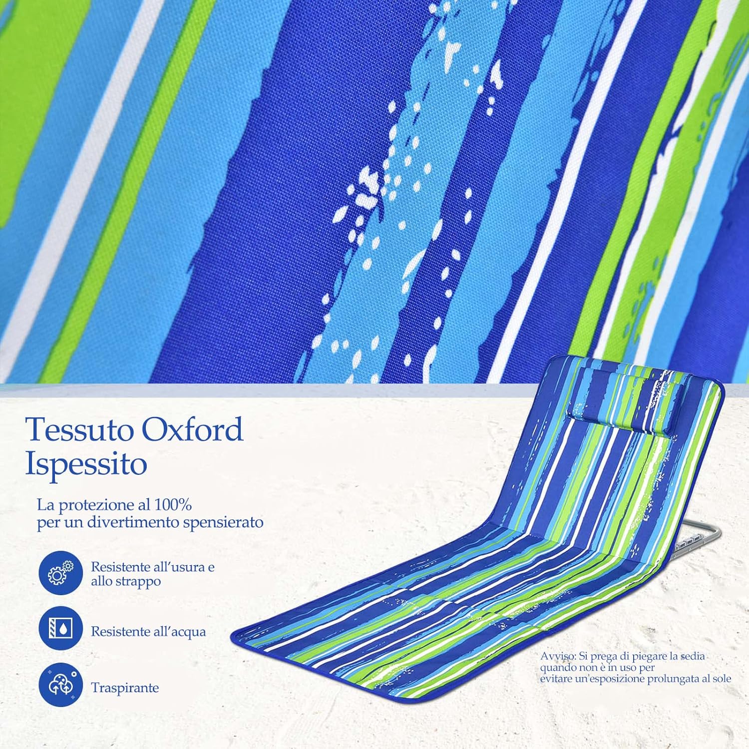Tappettino da Spiaggia, Set di 2 Tappettini Spiaggia con Tavolino, Materassino Prendisole Pieghevole, Lettino da Spiaggia con Poggiatesta e Schienale Regolabile, Portabile con Tracolla