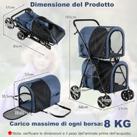Passeggino per Cani Pieghevole, Carrozzina per Cani Multifunzionale 4 in 1 a Doppio Livello, Passeggino Smontabile con Ruote, Ideale per Passeggiata Viaggio e Shopping (Blu)