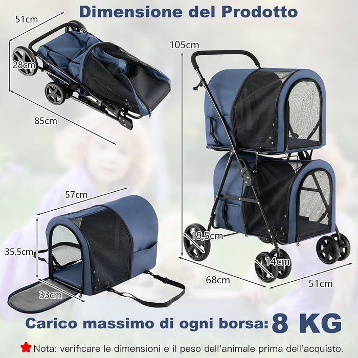 Passeggino per Cani Pieghevole, Carrozzina per Cani Multifunzionale 4 in 1 a Doppio Livello, Passeggino Smontabile con Ruote, Ideale per Passeggiata Viaggio e Shopping (Blu)