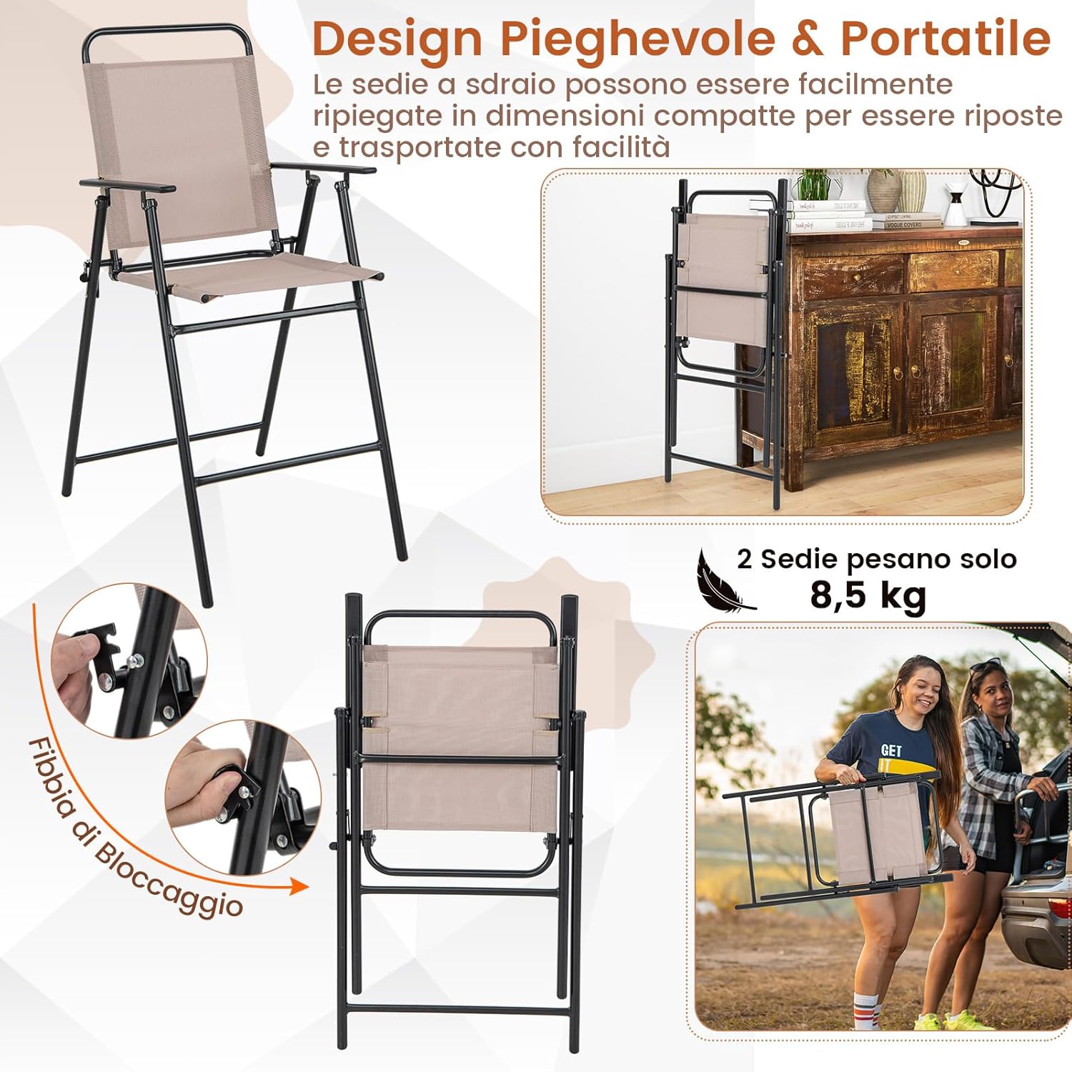 Set di 2 Sedie da Bar Pieghevoli per Esterno, Sedie da Pranzo con Tessuto Traspirante e Telaio in Metallo, Sedie Alte con Braccioli e Poggiapiedi, per Giardino e Balcone