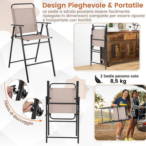 Set di 2 Sedie da Bar Pieghevoli per Esterno, Sedie da Pranzo con Tessuto Traspirante e Telaio in Metallo, Sedie Alte con Braccioli e Poggiapiedi, per Giardino e Balcone