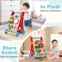 7 in 1 Girello per Bambini in Legno, Carrellino Primi Passi con Manico, Contenitore e Ruote, Giocattolo Montessori da Spingere e Tirare, Gioco Educativo per Bambini 3 + Anni (Modello 1)