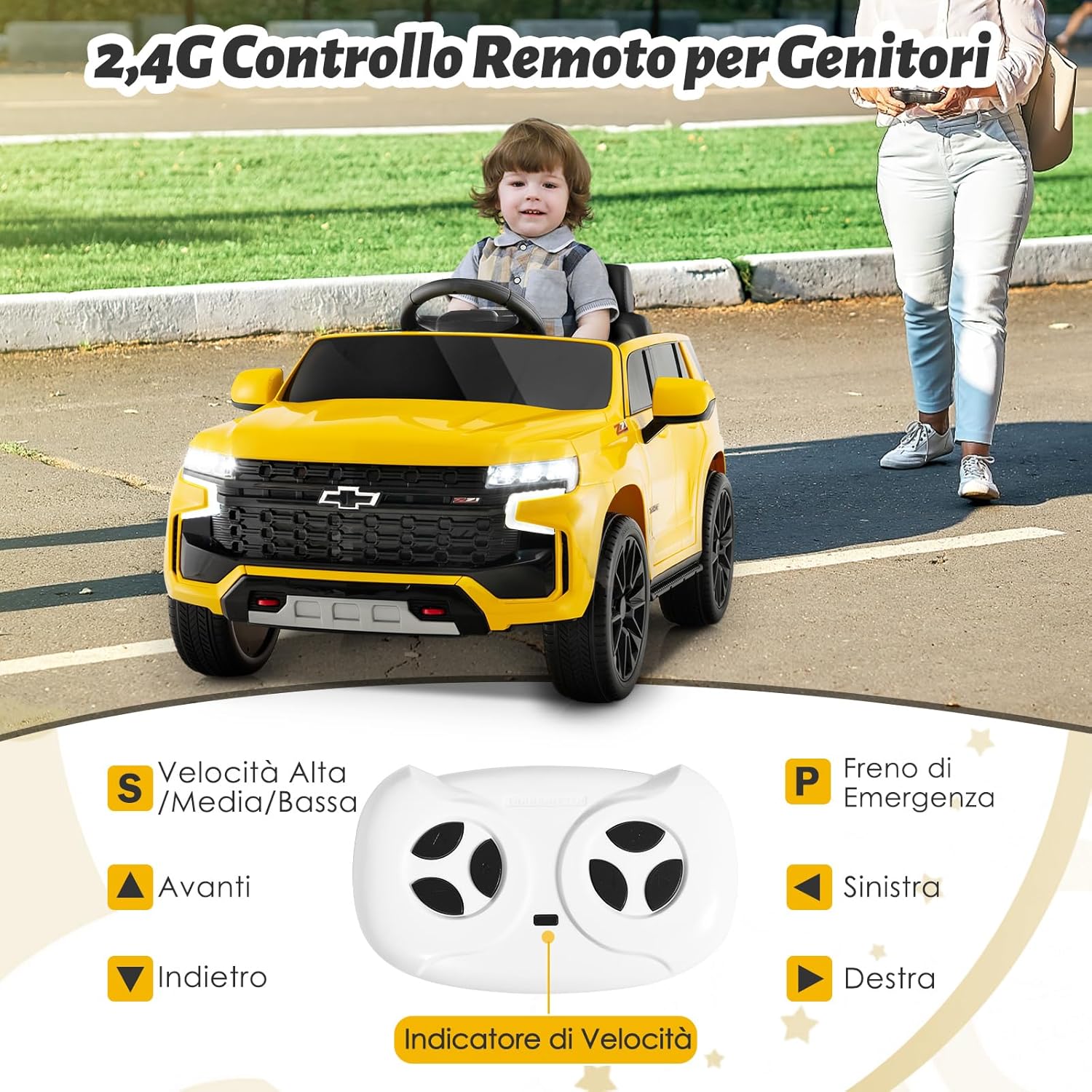 12V Macchina Elettrica per Bambini Chevrolet, SUV Elettrica con Telecomando Luci Luminose e Musica, 3-3,5 km/h, Ideale per Bambini di 3-6 Anni (Giallo)