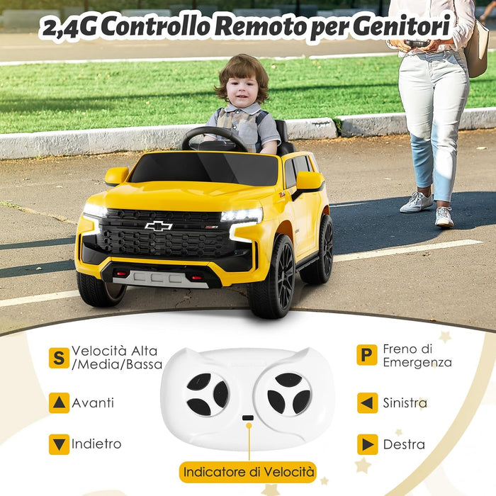 12V Macchina Elettrica per Bambini Chevrolet, SUV Elettrica con Telecomando Luci Luminose e Musica, 3-3,5 km/h, Ideale per Bambini di 3-6 Anni (Giallo)