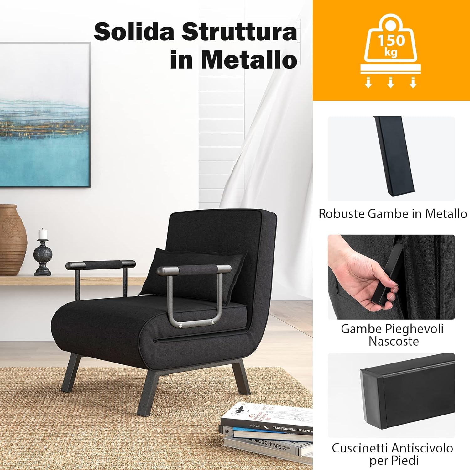 Poltrona Letto Singolo, Poltroncina Pieghevole con Schienale Regolabile in 6 Posizioni, Cuscino Rimovibile e Sedile Imbottito Robusto, Divano Letto per Casa Ufficio, 79x65x79 cm (Nero)