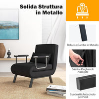 Poltrona Letto Singolo, Poltroncina Pieghevole con Schienale Regolabile in 6 Posizioni, Cuscino Rimovibile e Sedile Imbottito Robusto, Divano Letto per Casa Ufficio, 79x65x79 cm (Nero)