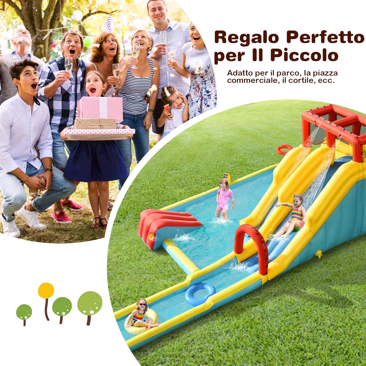 Castello Gonfiabile 8 in 1 per Bambini, Parco Acquatico con 2 Scivoli, Parete di Arrampicata, Area Basket e Palla, Borsa di Trasporto e Kit Riparazione, 622 x 335 x 225 cm (Senza soffiatore)