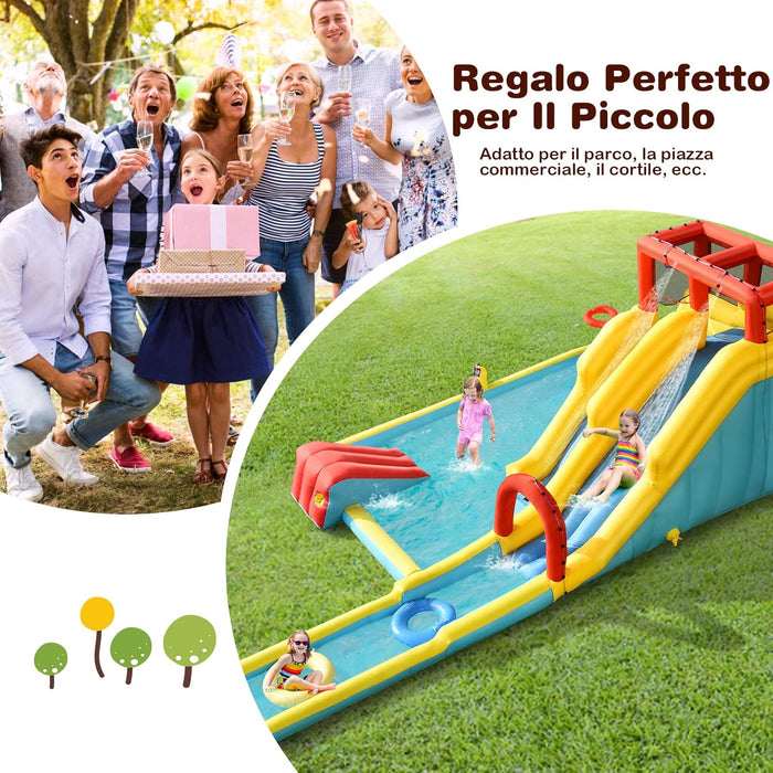 Castello Gonfiabile 8 in 1 per Bambini, Parco Acquatico con 2 Scivoli, Parete di Arrampicata, Area Basket e Palla, Borsa di Trasporto e Kit Riparazione, 622 x 335 x 225 cm (Senza soffiatore)