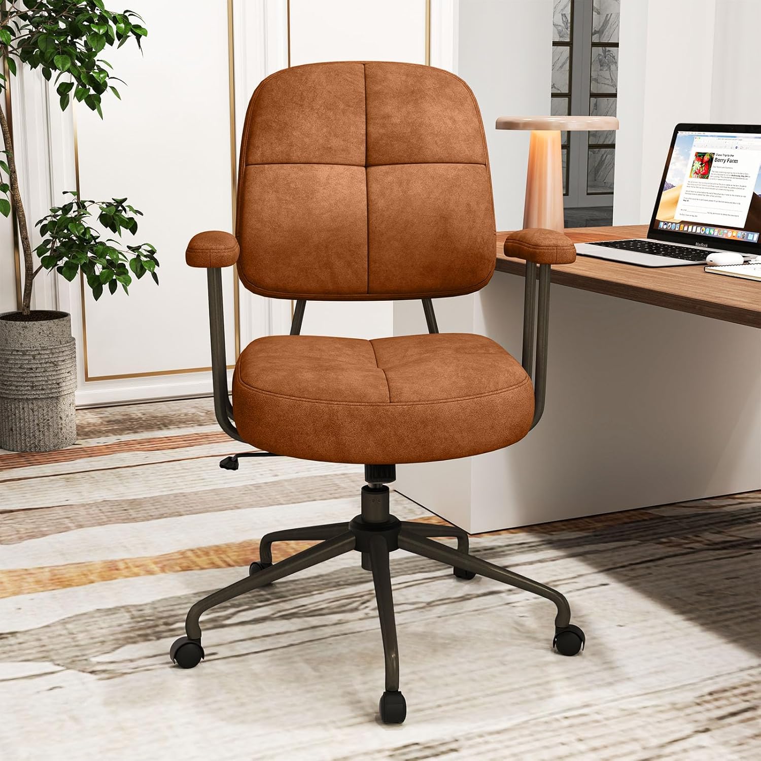 Sedia da Ufficio, con Schienale e Braccioli, Sedia Girevole Regolabile con Funzione a Dondolo e Ruote per Camera da Letto, Studio, Portata 150 kg (Marrone)