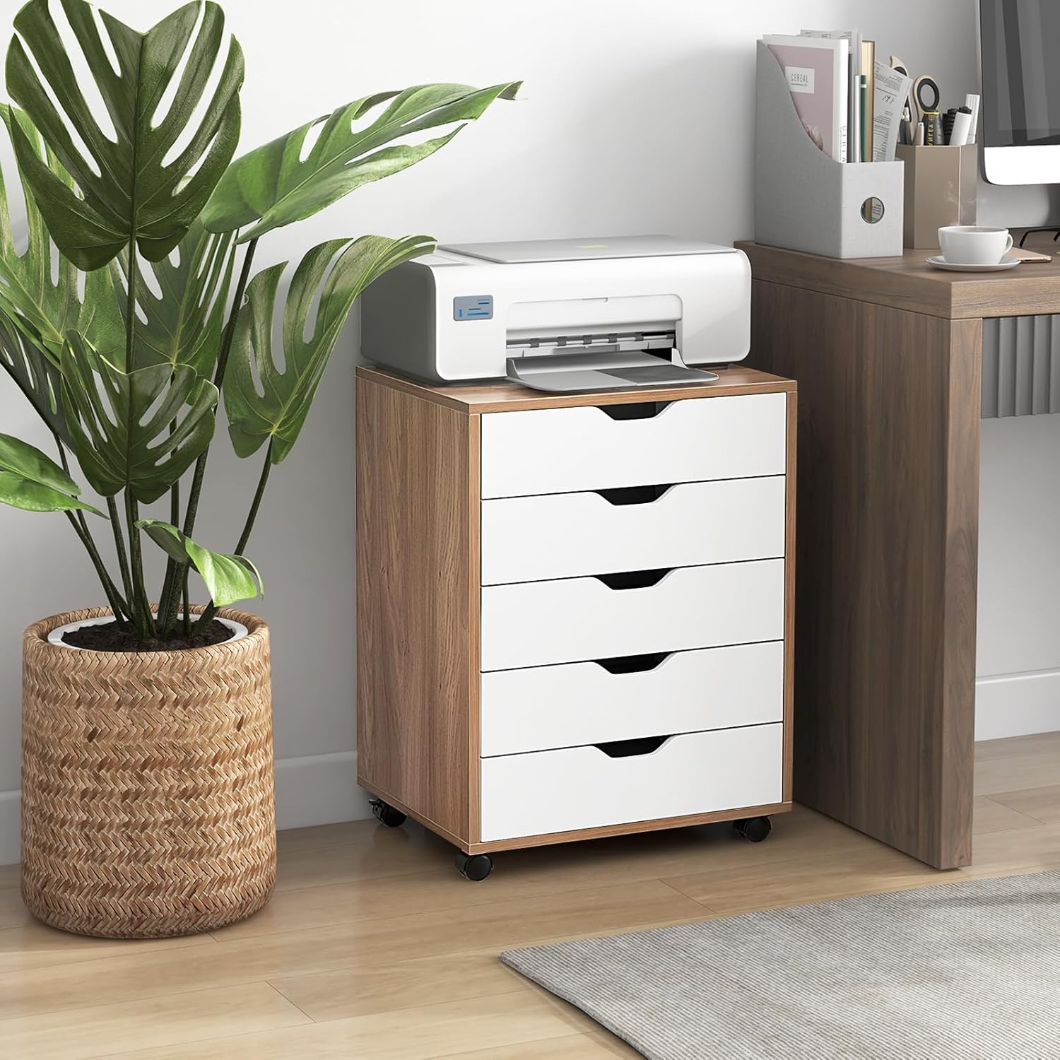 Cassettiera da Ufficio con 5 Cassetti e Ruote, Mobiletto Multiuso per Documenti e Cosmetici, Comodino con Ruote per Camera da letto Studio Ufficio e Soggiorno (Naturale)