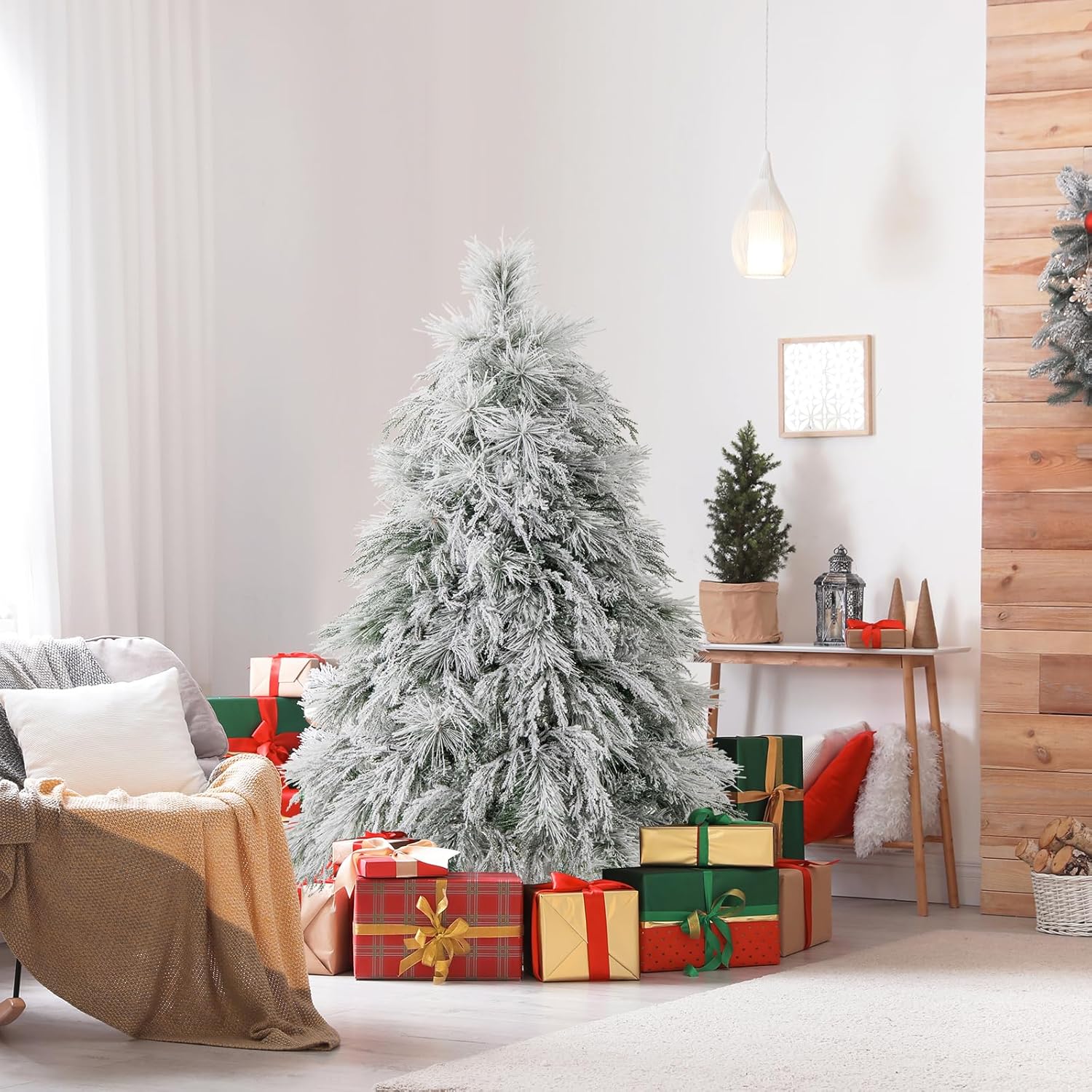 Albero di Natale Innevato 146/180 CM, Albero di Natale ArtificialePre-Luminoso con Cerniera e 150/250 Luci LED Bianche Calde, 279/519 Punte di Ramo, Ago di Pino (146 CM)