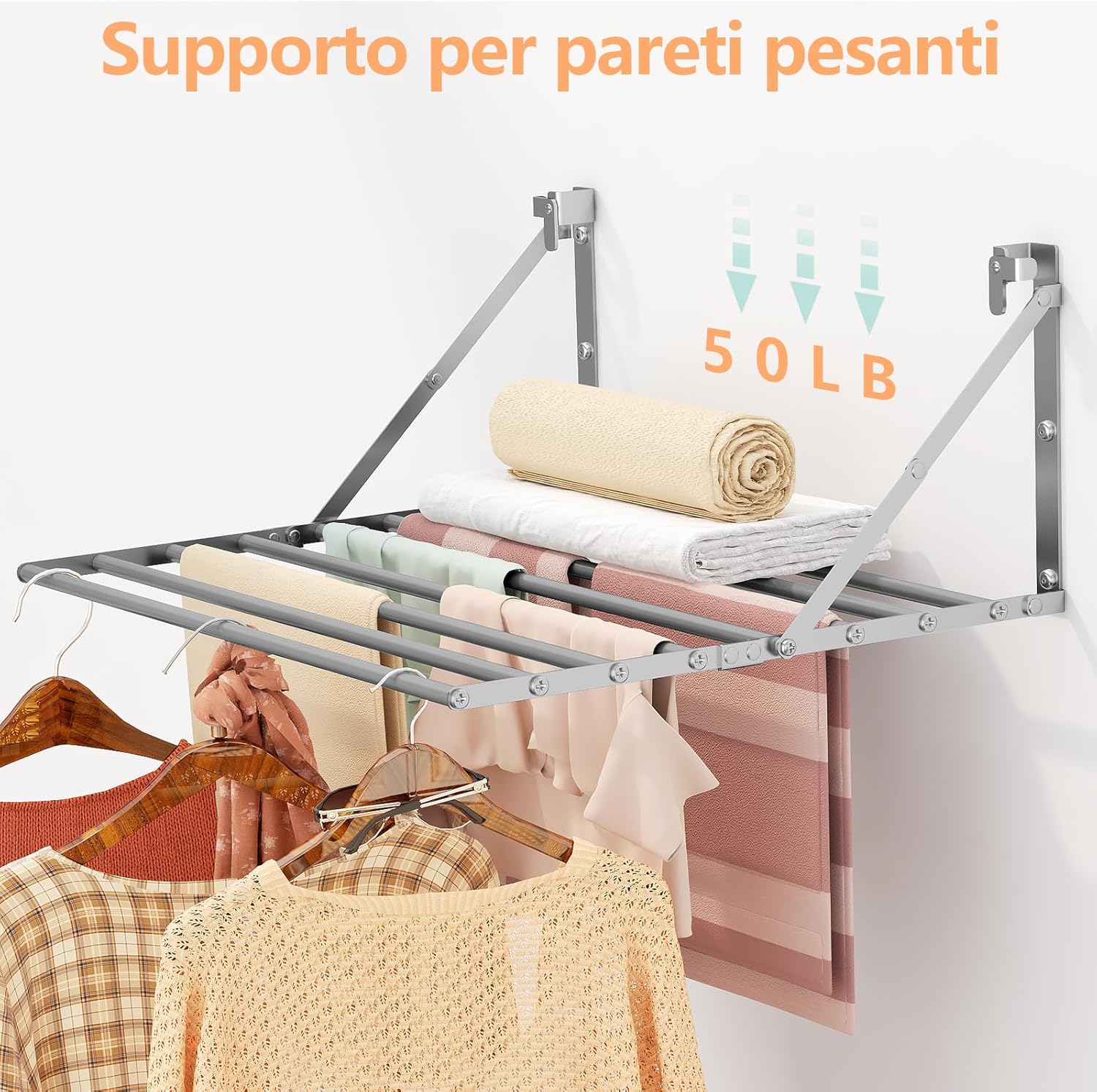 Stendibiancheria da Parete Pieghevole Antiruggine Resistente Stendino da Esterno o Interni, Salvaspazio Stendino per Balcone Bagn, con 8 Asticelle, 60cm