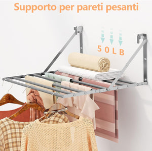 Stendibiancheria da Parete Pieghevole Antiruggine Resistente Stendino da Esterno o Interni, Salvaspazio Stendino per Balcone Bagn, con 8 Asticelle, 60cm