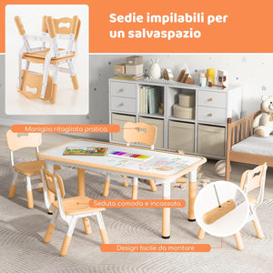Set Tavolo e 4 Seide per Bambini, Scrivania Regolabile in Altezza con Piano Graffiti, Gambe Antiscivolo, Mobile Multifuzione con 4 Posti per Cameretta, Asilo e Scuola (Naturale)