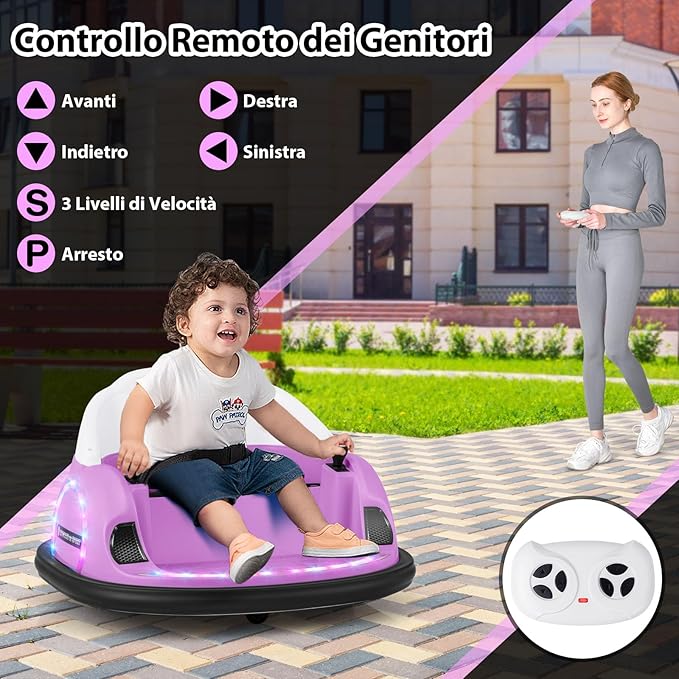 12V Autoscontro Elettrico per Bambini, Macchina Elettrica Cavalcabile con Telecomando, Luci Musica e Imbottitura Anti-collisione, Auto a Scontro per Bambini 18 Mesi + (Rosa)