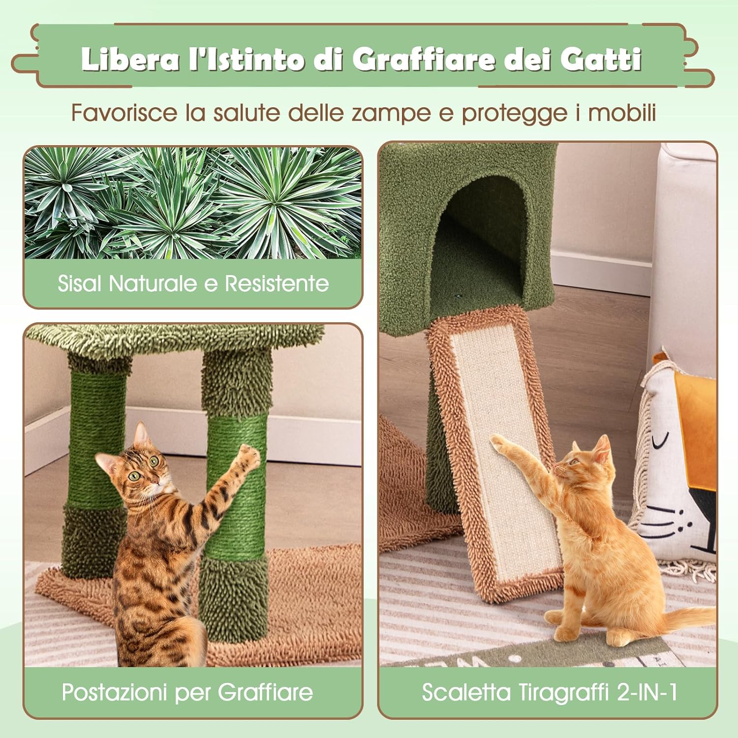 Tiragraffi per Gatti 160 cm, Torre per Gatti con Pali di Graffiatura in Sisal e Scala, Doppi Condomini & Perch in Peluche e Giocattoli Appesi, Albero per Gatti a Cactus per Gattini