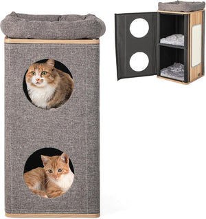 Casetta per Gatti a 3 Piani, Cuccia per Gatti con Tiragraffi, 2 Scomparti Coperti e 3 Materassini, Casa per Gatti Moderna con Graffiatoio da Interno