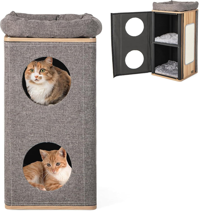 Casetta per Gatti a 3 Piani, Cuccia per Gatti con Tiragraffi, 2 Scomparti Coperti e 3 Materassini, Casa per Gatti Moderna con Graffiatoio da Interno