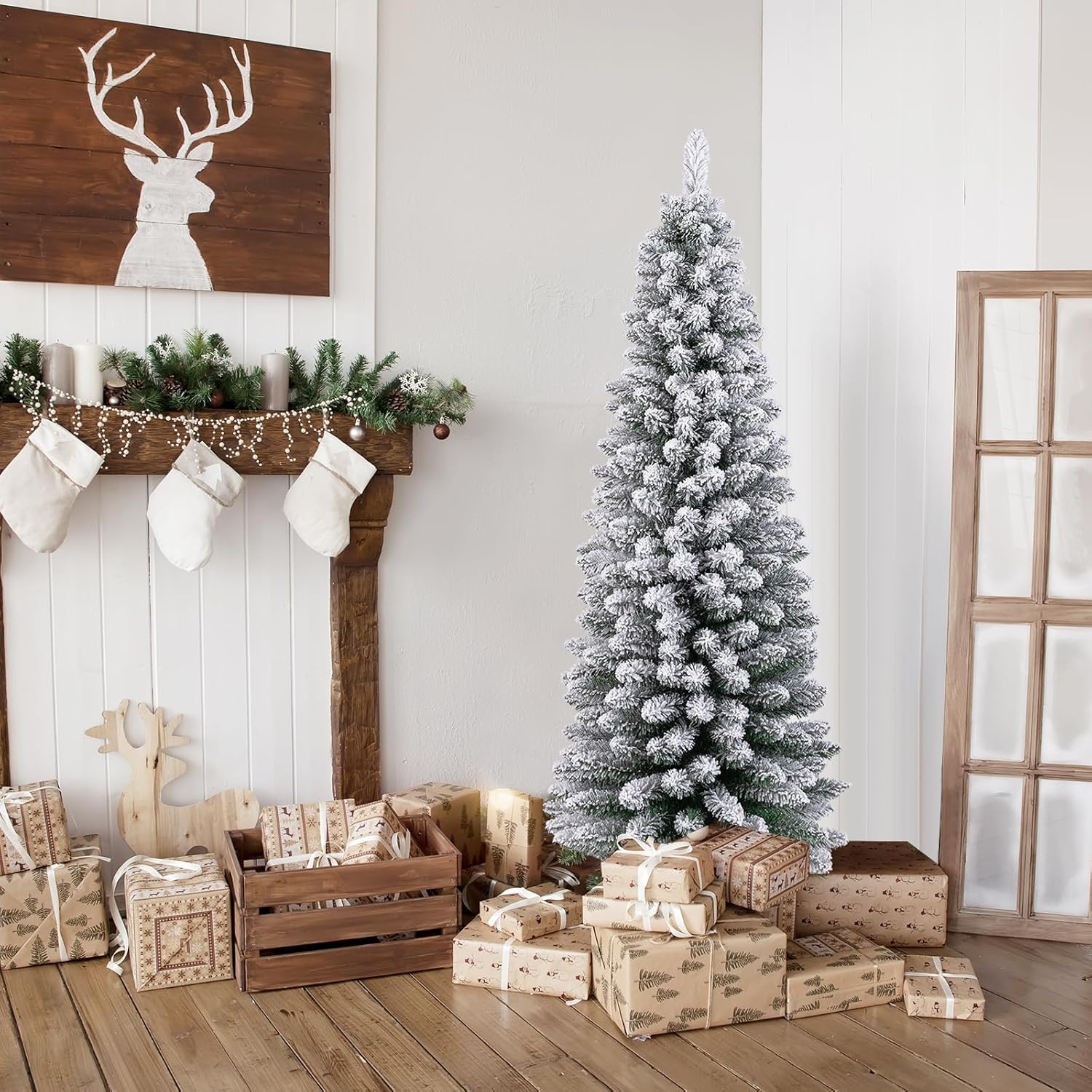 Albero di Natale Slim 120/150/180 cm, Albero di Natale Artificiale Innevato con 240/328/460 Rami e Supporto Metallico Pieghevole, per Piccoli Spazi, Decorazione per Casa e Feste (150 cm)