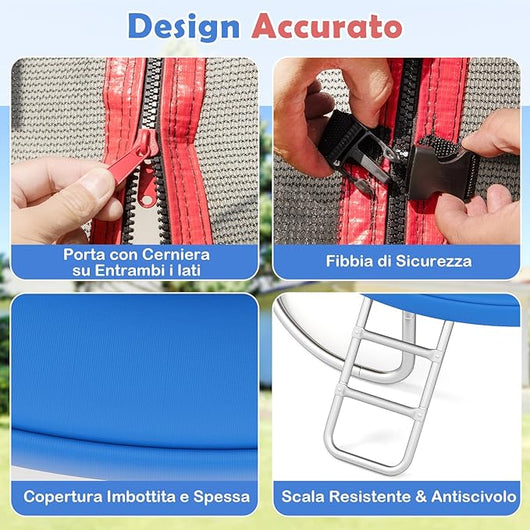 Trampolino Elastico per Bambini e Adulti 244 cm/305 cm/366 cm, Tappeto Elastico da Esterno con Rete di Sicurezza, Scala e Telaio in Acciaio Zincato Antiruggine