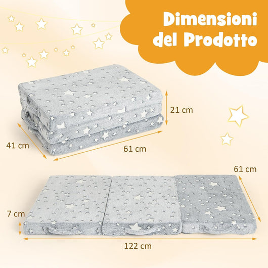 Divano Pieghevole 3 in 1, Tappetino per Bambini Brilla al Buio con Copertura Rimovibile e Lavabile in Lavatrice, Materasso a 3 Pieghe per Soggiorno e Cameretta, Grigio