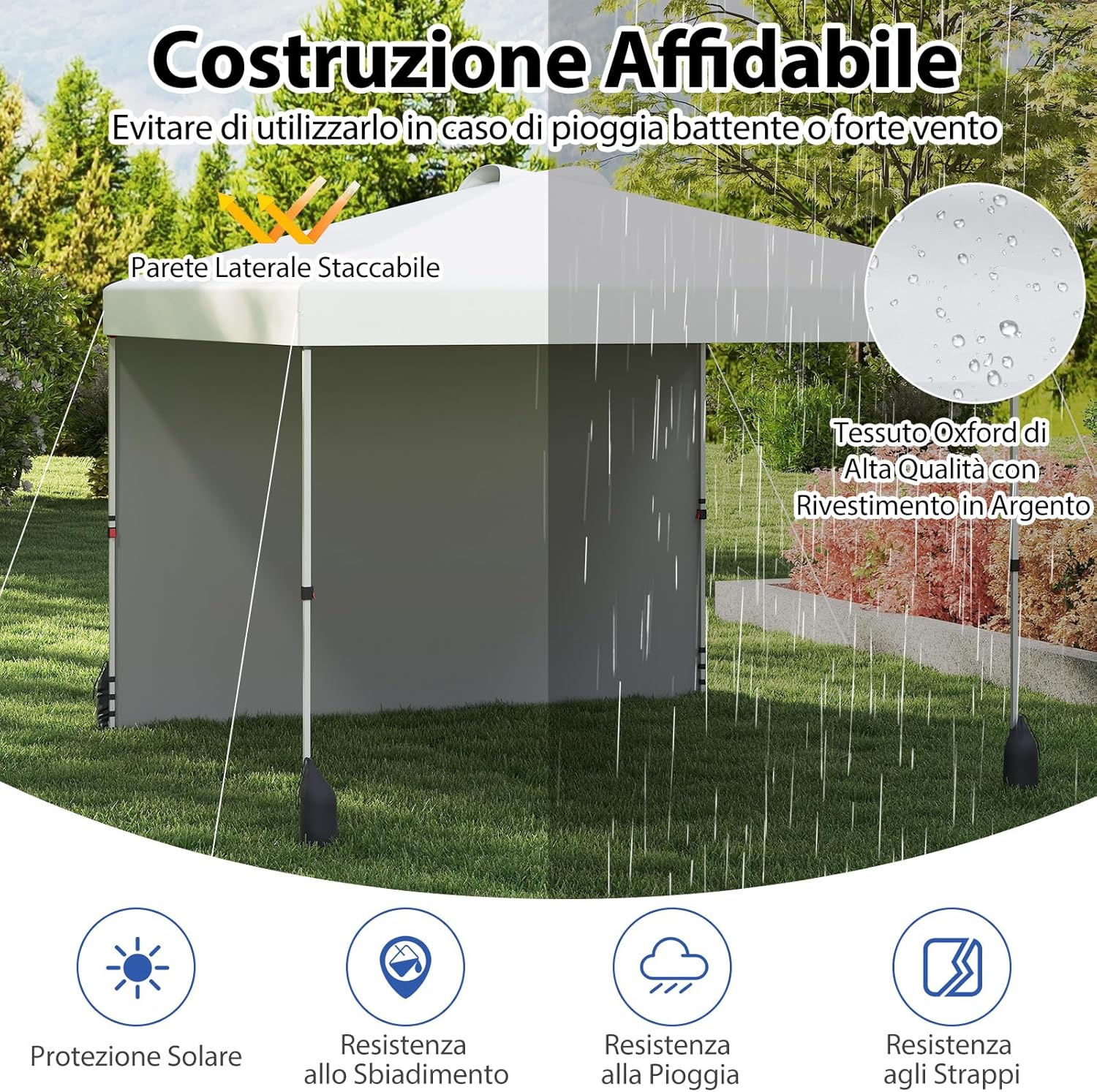 Gazebo Pieghevole 3 x 3 m, Gazebo da Esterno con Borsa con Ruote, Picchetti, Ancoraggi, Corde del Vento, Sacchi di Sabbia e Copertura Ventilata, Tendone Impermeabile per Feste (Bianco)
