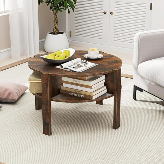 Tavolino da Caffè Rotondo con Ripiano Diviso a 4, Tavolino Basso in Legno Moderno, Tavolo per Salotto, Soggiorno e Cameretta, 74,5 x 74,5 x 45,5 cm, Bianco (Marrone)
