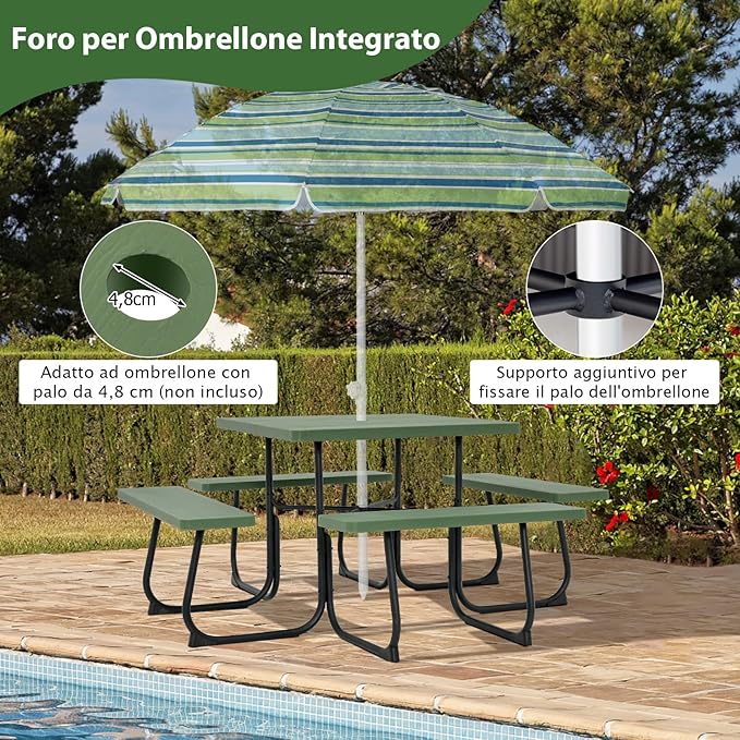 Set Tavolo da Picnic Quadrato con Panche per 8 Persone, Tavolo da Picnic con 4 Panche e Foro per Ombrellone, con Telaio in Metallo, Ogni Panca Portata 225 kg, per Giardino, Cortile (Verde)