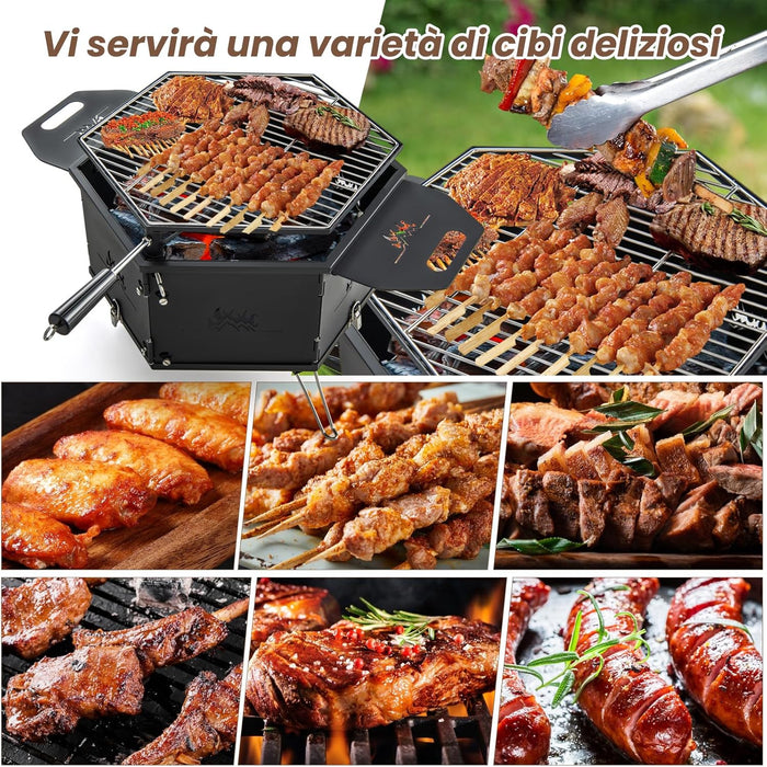 Barbecue a Carbone Portatile, Barbecue a Carbone da Esterno con Griglia Girevole a 360Â°, Corpo e Gambe Pieghevoli, per Feste, Campeggio, Escursioni