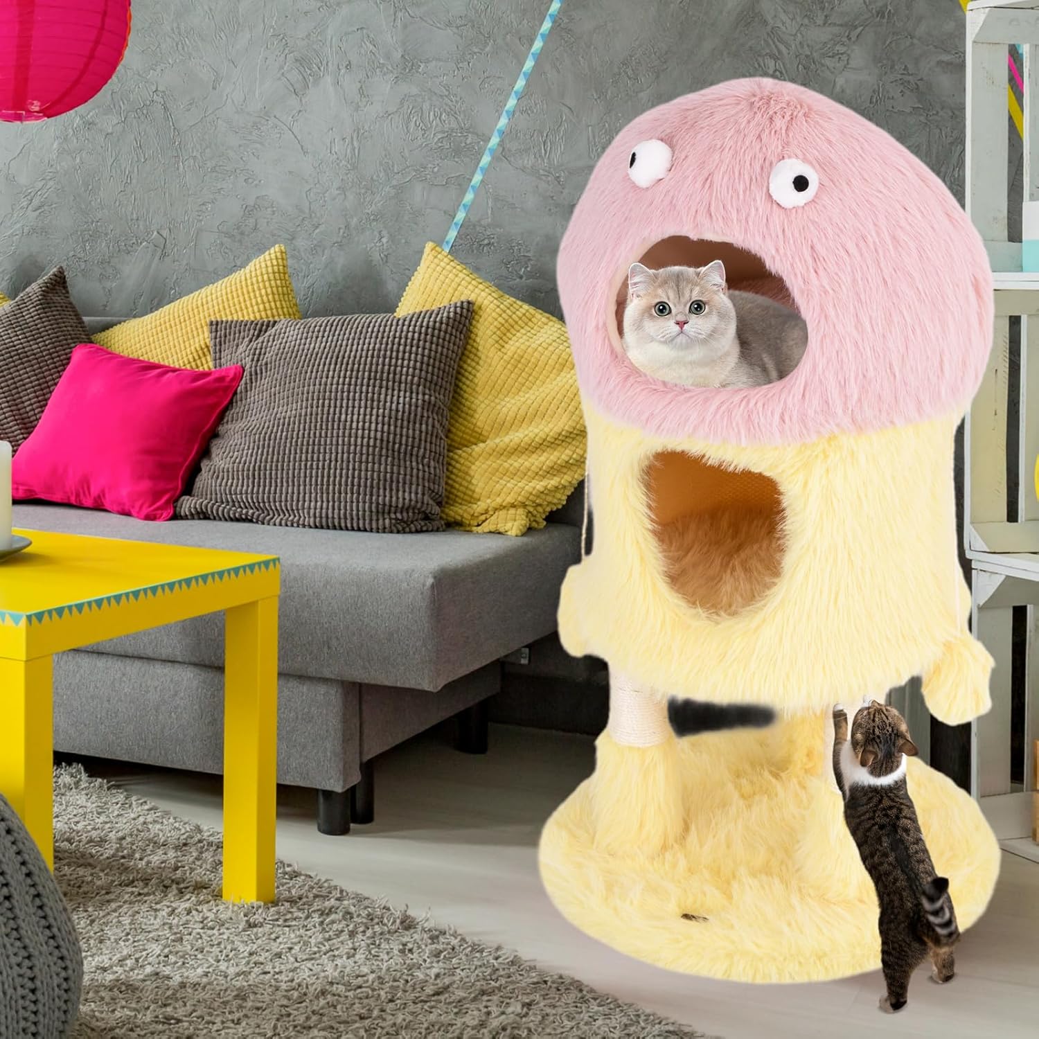 Tiragraffi per Gatti 93 cm, Torre di Gatti a Tema Mostro, Piuma Morbida e Lunga, Palo per Graffio in Sisal e Giocattoli Pendenti, Centro Attività per Gattini a 3 Livelli