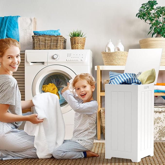 Mobile Portabiancheria per Bagno, Cesto Organizzazione Lavanderia, in Legno, Bianco