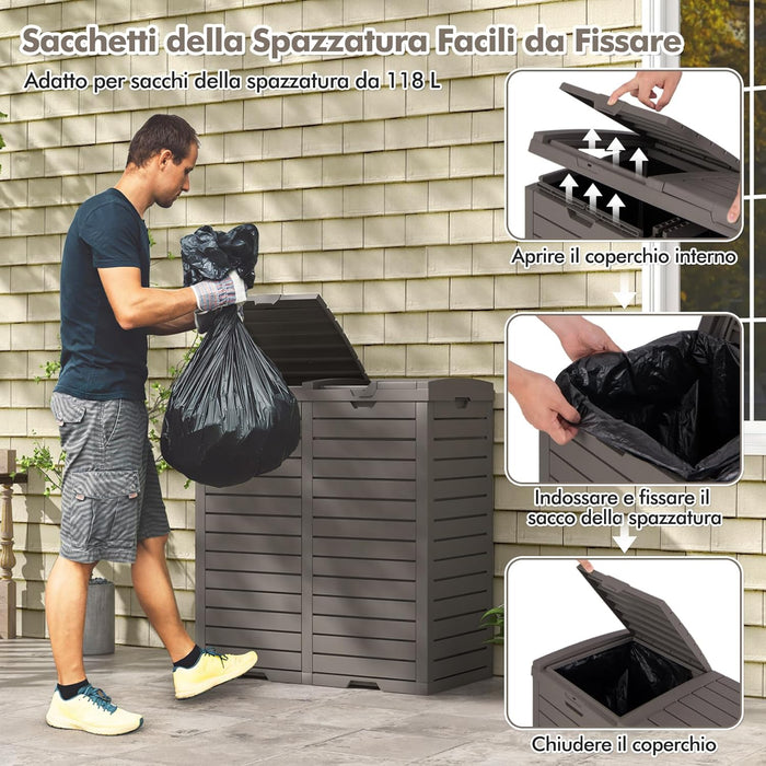 Pattumiera per Rifiuti Esterno e Interno 235 L, Contenitore per Raccolta Differenziata a Doppio Secchio Impermeabile con Coperchio, Vassoio e Maniglia, Bidone per Terrazza e Cucina (Marrone)