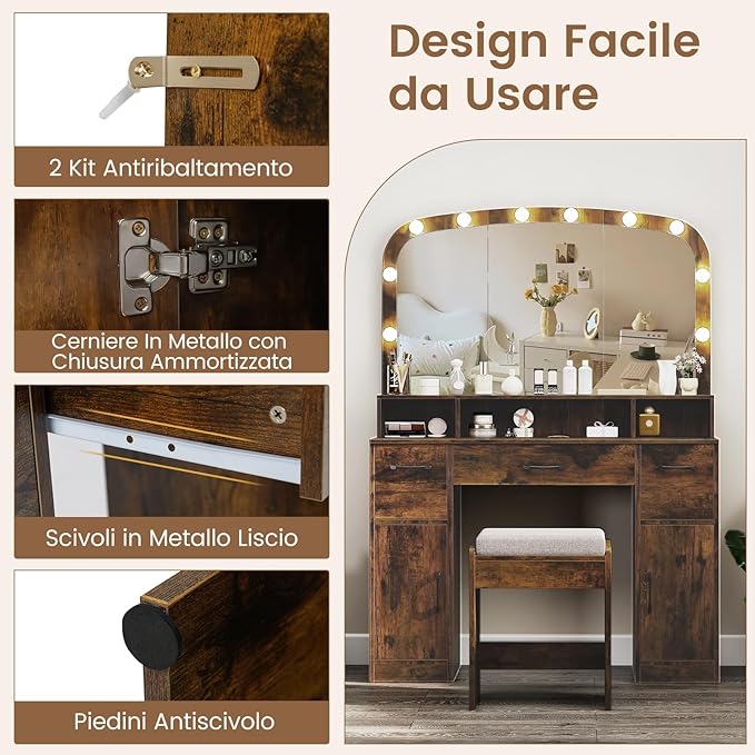 Toeletta da Trucco con 10 Luci, Set Tavolo e Sgabello da Trucco con Stazione di Ricarica, 3 Colori di Luce, 3 Cassetti, 2 Armadietti, Consolle Toeletta per Soggiorno Camera da Letto (Caffè)