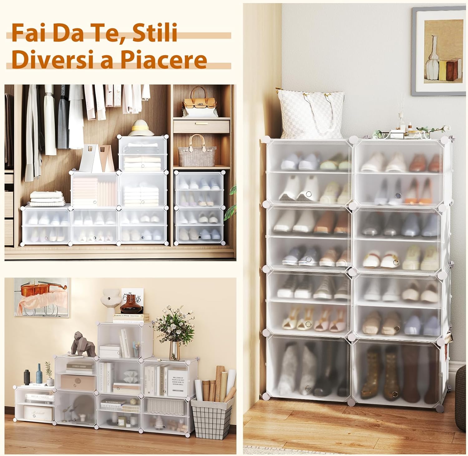 Scatole per Scarpe, Set di 12 Organizzatori Porta Scarpe Impilabili, Contenitore per Scarpe in PP Trasparente, per Ingresso, Corridoio e Armadio, Nero (Bianco)