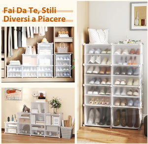 Scatole per Scarpe, Set di 12 Organizzatori Porta Scarpe Impilabili, Contenitore per Scarpe in PP Trasparente, per Ingresso, Corridoio e Armadio, Nero (Bianco)