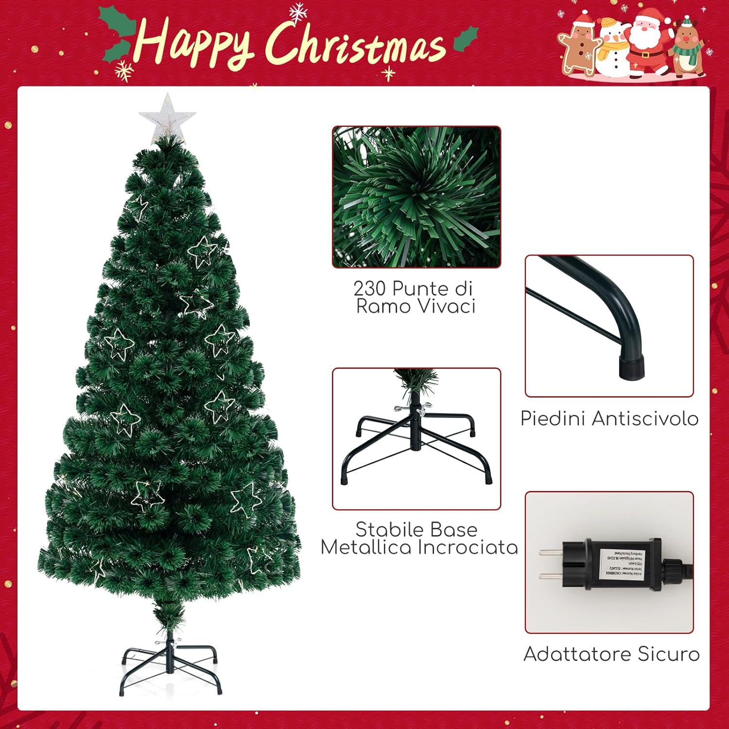 Albero di Natale in Fibra Ottica 150/180 cm, Albero di Natale Artificiale Pre-illuminato con 24/36 Luci a Stringa, Stella sulla Cima e 170/230 Punte dei Rami, Decorazione per Feste (180 CM)