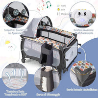 5 in 1 Lettino da Campeggio con Materasso, Lettino Neonato da Viaggio Pieghevole, Box Bambini Portatile con Borsa, Zanzariera, per Bambini 0-36 Mesi (Elefante Colorato)