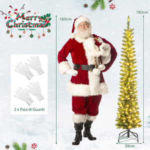 Albero di Natale Slim da 150/180/210 CM, Albero di Natale Artificiale con 296/390/499 Punte di Ramo, 150/180/200 Luci LED Bianche Calde, Supporto Pieghevole in Metallo (180 cm)
