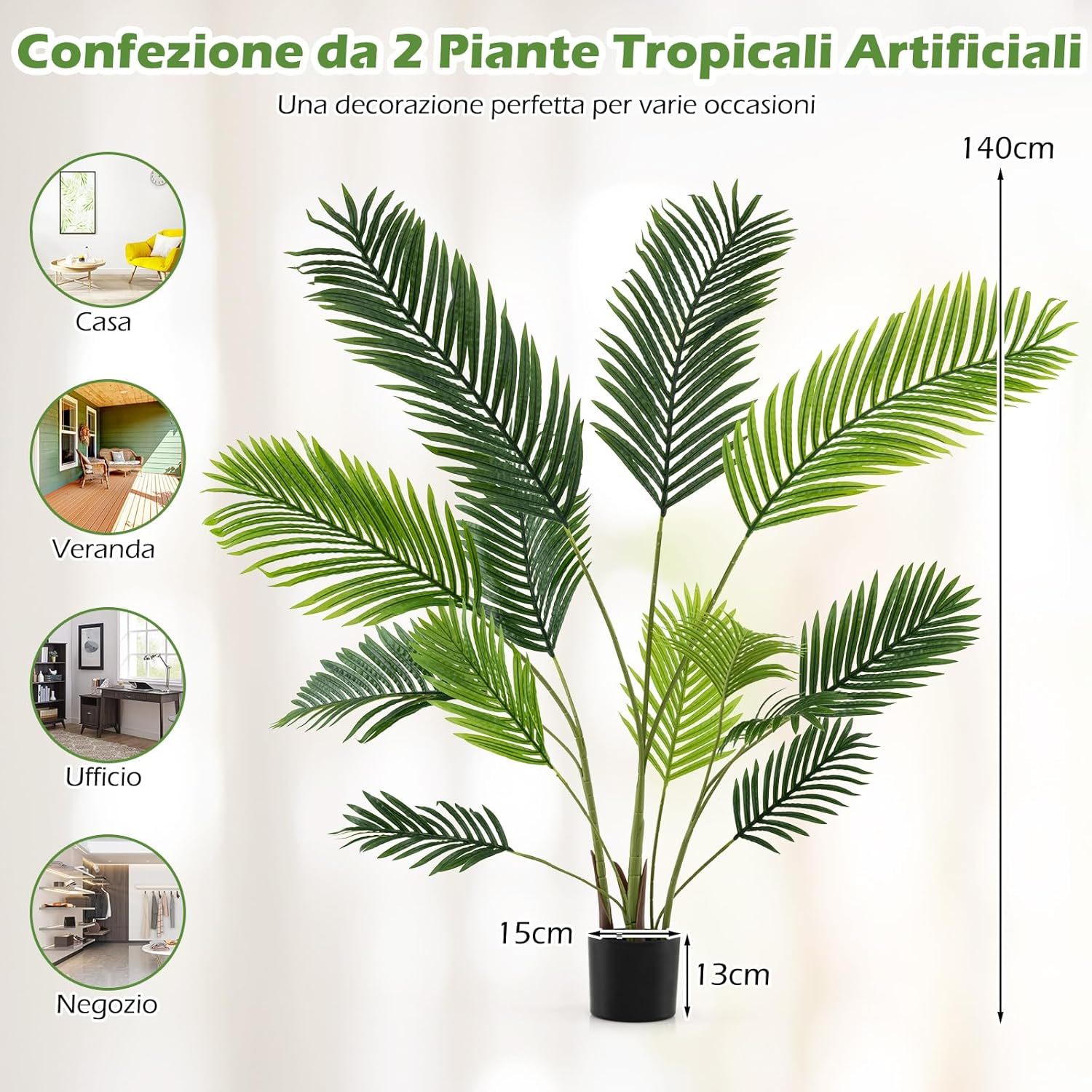 Set di 2 Piante Artificiali di Palma 90 CM/140 CM, Pianta Finta in Vaso da Interno ed Esterno, Decorazione Moderna per Soggiorno, Veranda, Ufficio e Negozio (140 cm)