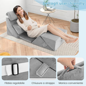 Set di 7 Cuscini per Letto/Divano, Cuscini per Corpo in Memory Foam Regolabili con Copertura Lavabile, Supporto per Testa, Collo, Schiena, Grigio