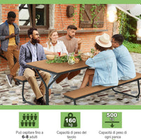 Tavolo con Panche da Esterno, Tavolo da Pranzo 183 CM con 2 Panche per 8 Persone, Tavolo da Picnic in Metallo e HDPE con Foro per Ombrellone, per Giardino Terrazzo (marrone)