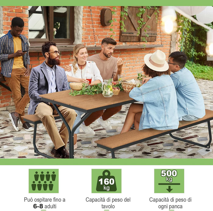 Tavolo con Panche da Esterno, Tavolo da Pranzo 183 CM con 2 Panche per 8 Persone, Tavolo da Picnic in Metallo e HDPE con Foro per Ombrellone, per Giardino Terrazzo (marrone)